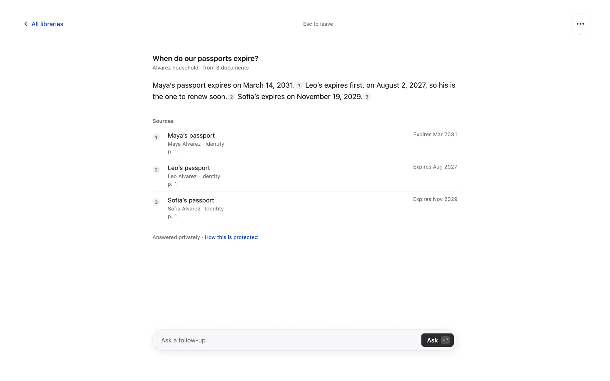 The Ask screen: a household question answered with numbered sources