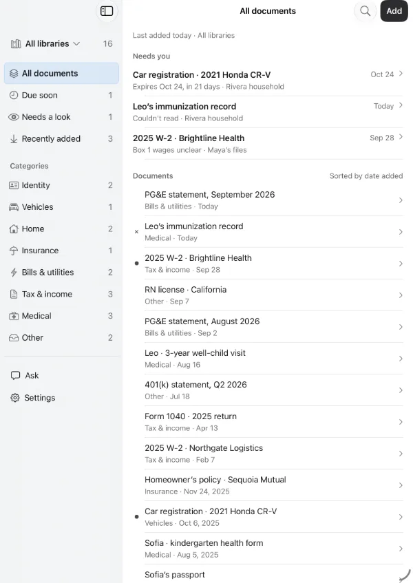 Almanack on iPad: categories in the sidebar and every document in the list