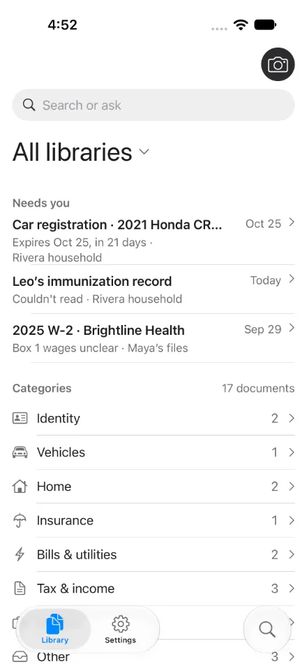 Almanack on iPhone: All libraries, documents that need you, and categories