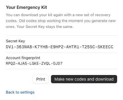 The Emergency Kit screen: Secret Key, account fingerprint, Print, and Make new codes and download