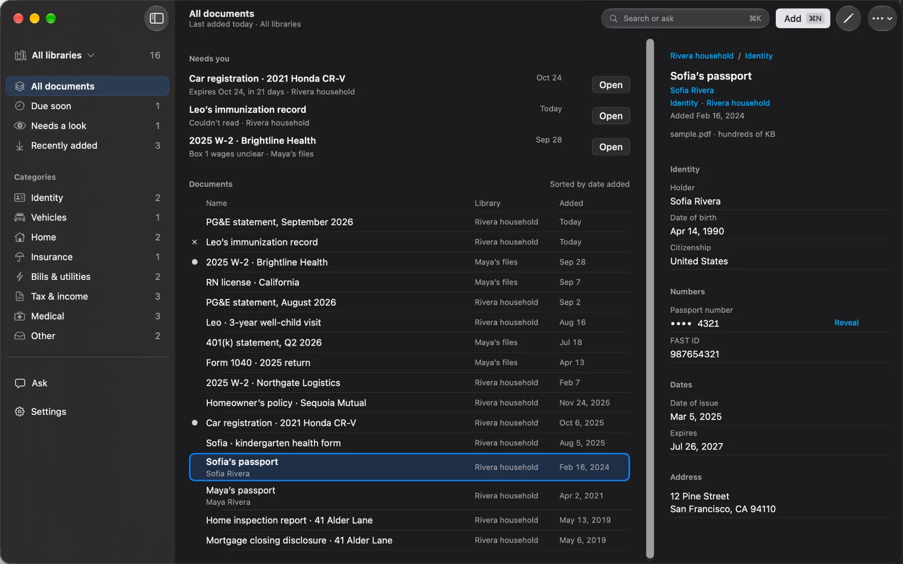 Almanack on Mac in dark mode: a passport’s details in the inspector, with the passport number hidden