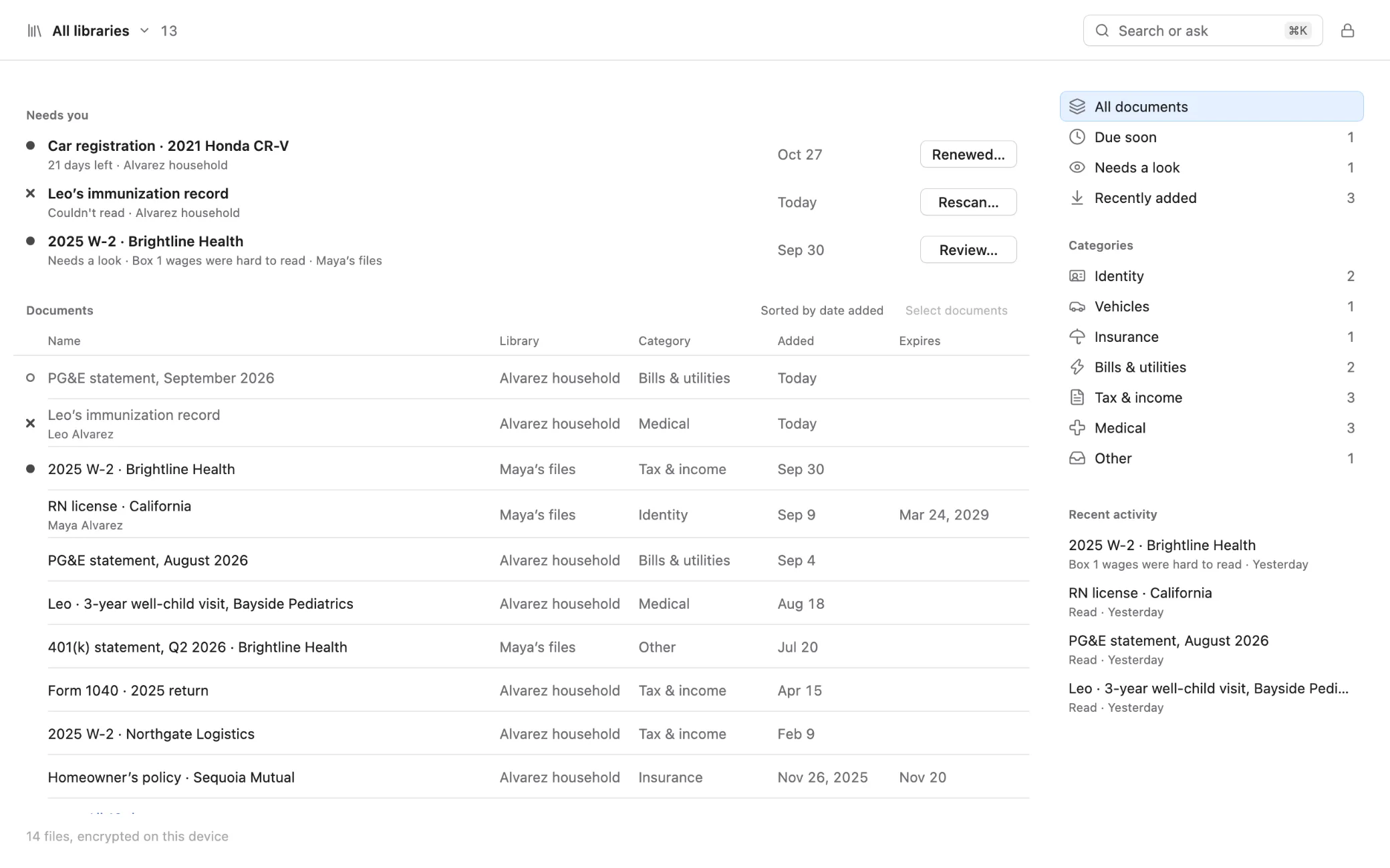 Almanack on the web: documents that need you, a list of every document, and categories